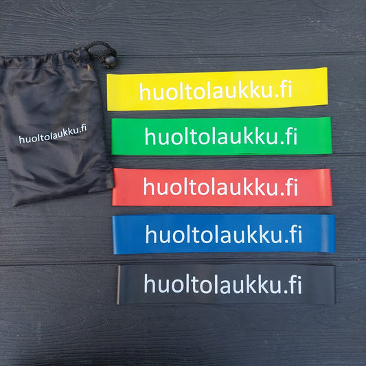 Kuminauhalenkkisetti 5 vahvuutta 500 mm x 50 mm, monipuolinen vastuskuminauhasetti